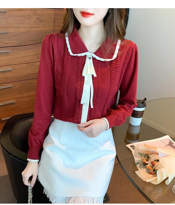 Áo len nữ kiểu Áo len cổ bẻ phối nơ Chất liệu len dệt kim mềm mịn Phong cách trẻ trung thanh lịch Top Women Kem đen trắng Hồng đỏ đô Nhung áolen quang cổ Sen