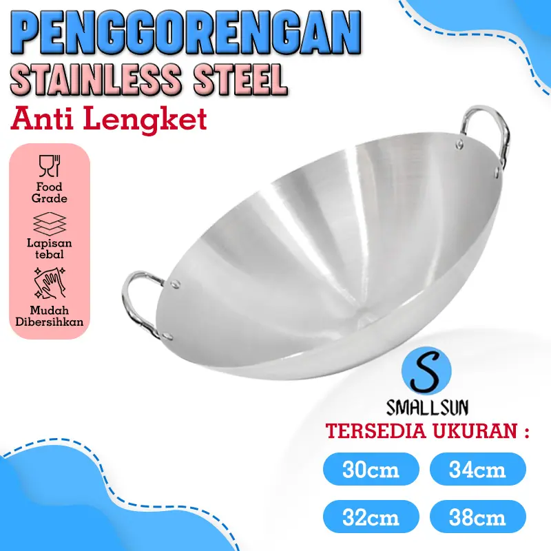 (SS) COD Wajan Stainless Steel Putih Kualitas Premium Tebal Ukuran 30 32 34 36 38 40 Gratis Ongkir