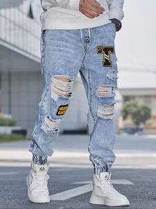 Jeans para Hombre con Parches, Rasgados y Cintura con Cordón, Jeans de Calle Casual y Holgado para Uso Diario, Pantalones para Hombre para Todas las Estaciones