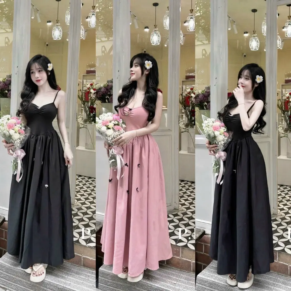 Đầm maxi hai đây thun tăm đính nơ dáng dài thời trang Nữ Dress Women Màu Đen