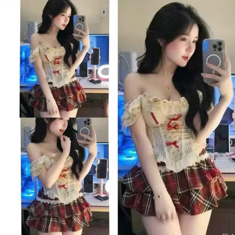 Bộ Set CARO HOA Trễ Vai Đính Nơ Kèm Chân Váy CARO Kẻ Sọc To Nữ - Kem