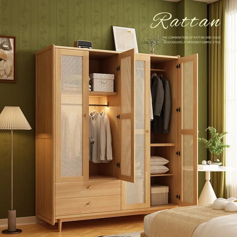 Solid Wood Wood Rattan Wardrobe Small Apartment Wardrobe Storage Household Bedroom Assembled Cabinet