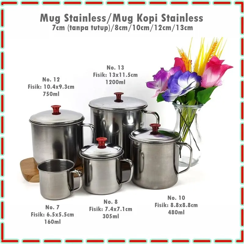 Mug Stainless Tutup 8cm, 9cm, 10cm, 11cm, 12cm