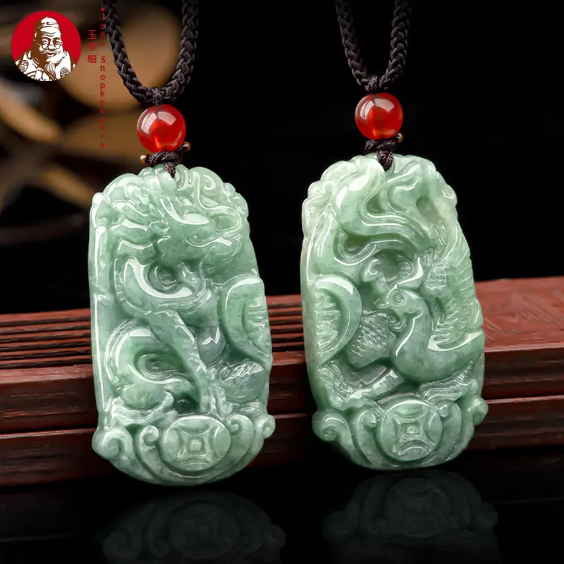 Natural a goods jade bean green jade dragon and phoenix brand pair pendant couple pendant men's and women's necklaces