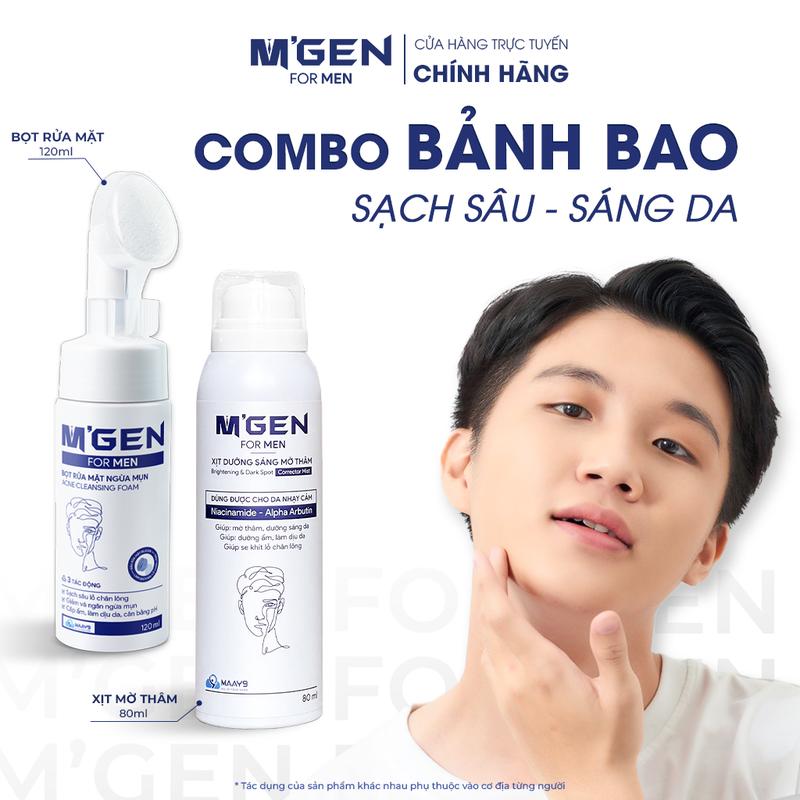 MAAY9 MGEN COMBO BẢNH BAO- Sữa rửa mặt ngừa mụn và xịt serum dưỡng sáng mờ thâm MGEN cho nam giới giúp hỗ trợ - làm sạch sâu, ngừa mụn, mờ thâm, kiềm dầu, cấp ẩm cho làn da sáng khỏe tự nhiên, giúp tối giản skincare cho nam với 2 bước.