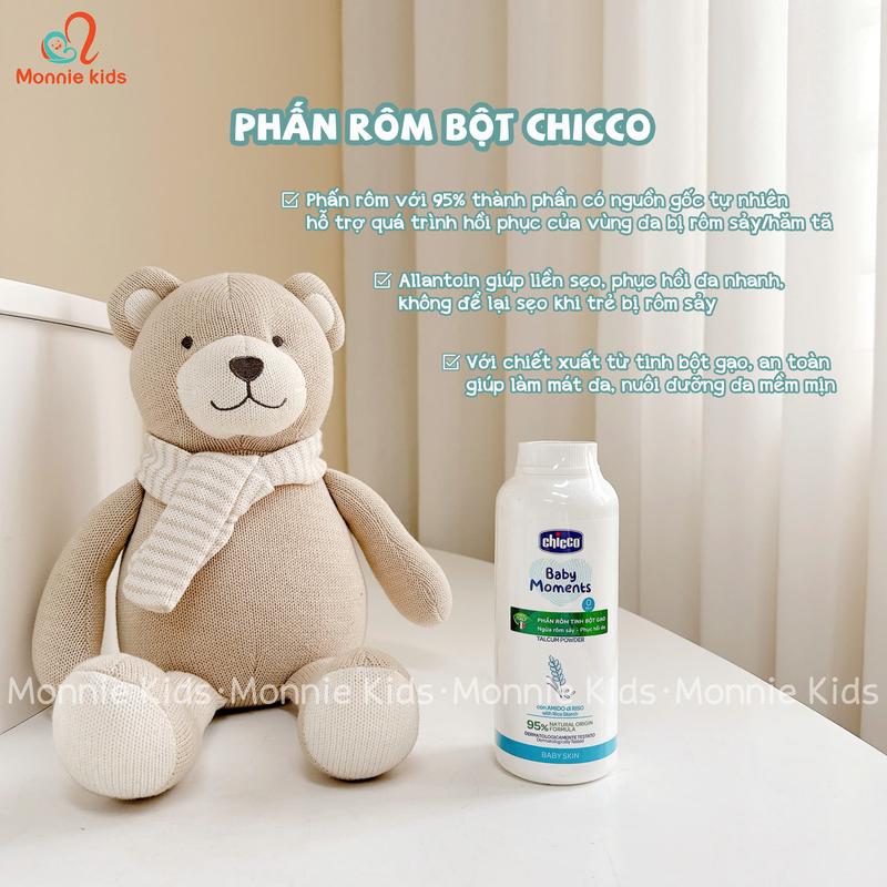 Phấn rôm cho bé Chicco 150g, phấn rôm em bé từ tinh bột gạo an toàn - Monnie Kids