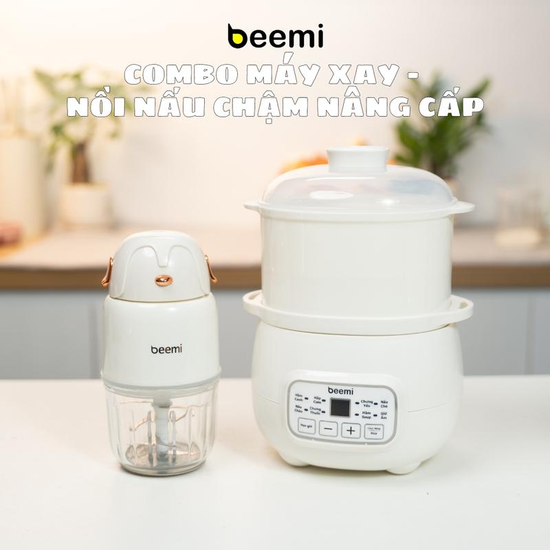 Combo máy xay nâng cấp 8 lưỡi dao inox toàn phần và nồi nấu cháo chậm Beemi 8 chức năng, dung tích 1L, nấu cháo, nấu đồ ăn dặm cho bé Voi