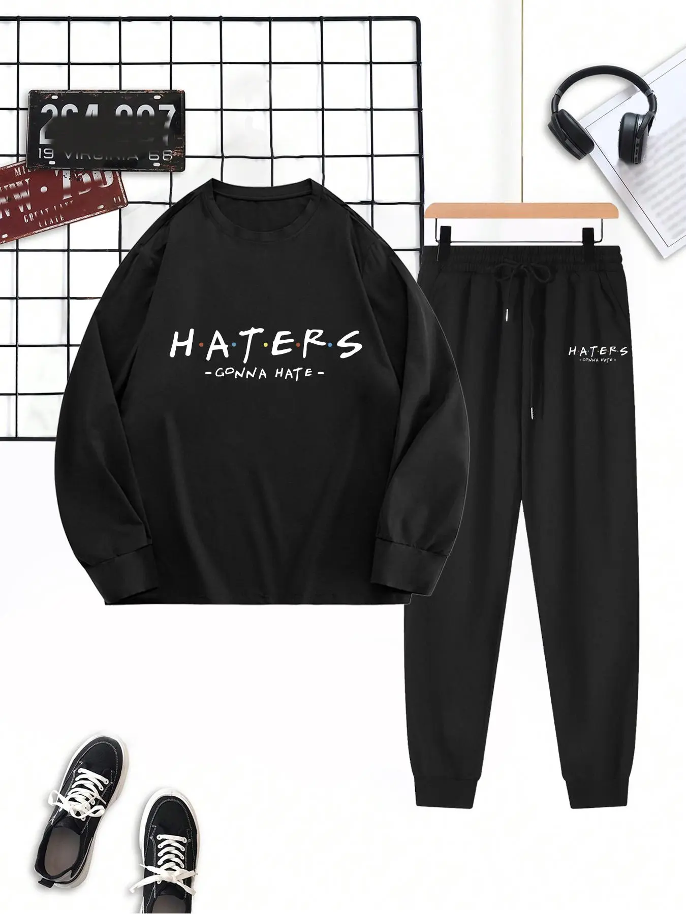 【Plus Size】men's Letter Print Sweatshirt & Sweatpants Set, Casual Round Neck Long Sleeve Pullover & Jogger Pants, Two-piece Outfits for Spring & Fall