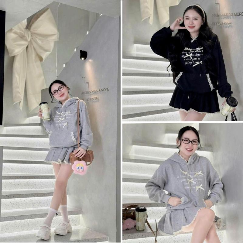 Set Đồ Nữ Hàn Quốc Dễ Thương - Áo Mũ Viền Ren Nơ Mix Chân Váy Xếp Ly Ren Gấu - By BN TRENDY