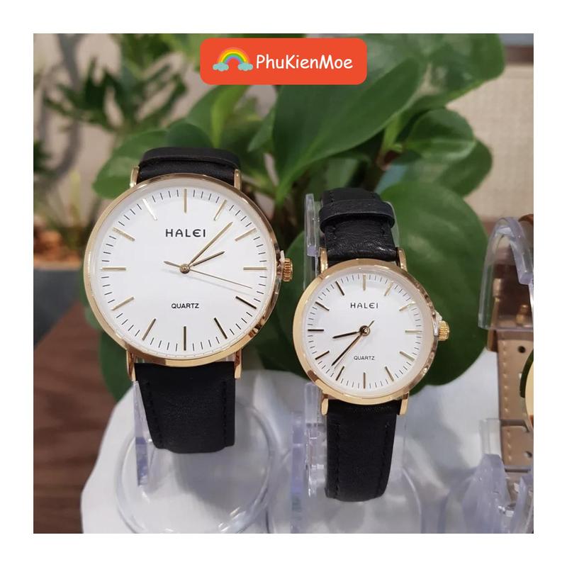 Đồng hồ đôi nam nữ Halei dây da đen mặt số vạch chống nước chống xước tuyệt đối Handmade Bàn Tay Đeo Tay Watch
