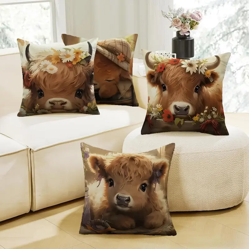 Highland Cow Pattern Cushion Cover, 4 Counts/set Square Throw Pillow Cover, Household Decoration Supplies for Home Living Room Bedroom 5
