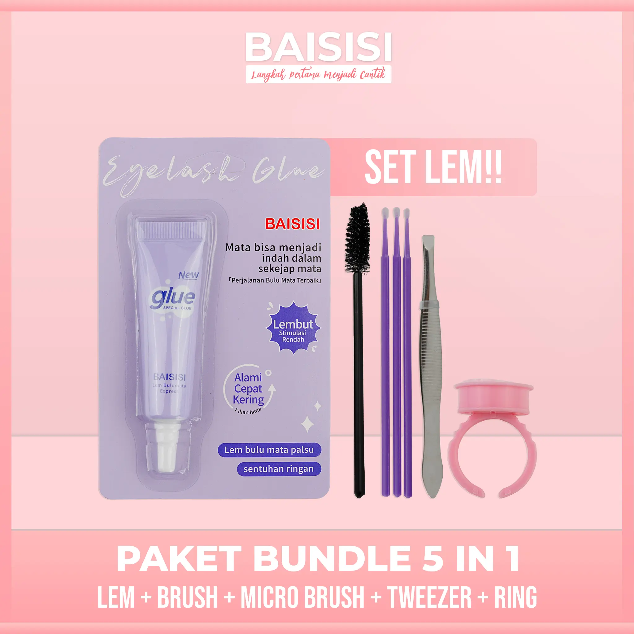 BAISISI 5 IN 1 LEM BULU MATA (7g) + PINSET + SIKAT + MICROBRUSH + CINCIN LEM Eyeliner