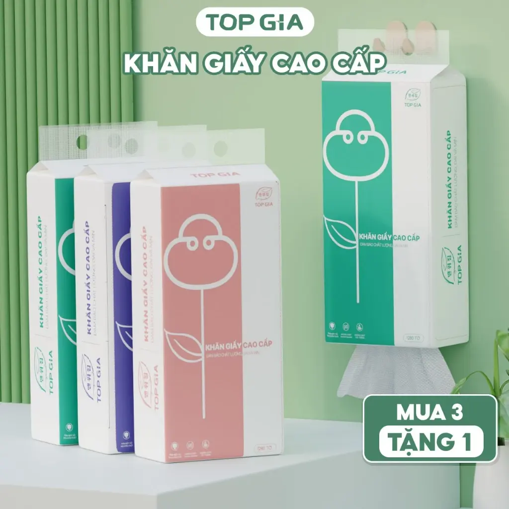 Giấy vệ sinh treo tường Top Gia thùng 4 bịch 3 màu 1280 tờ làm từ bột gỗ nguyên chất