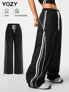YOZY-GOOO Women's Striped Print Drawstring Waist Wide Leg Pants, Casual Comfy Trousers for Daily Wear, Ladies Bottoms for All Seasons