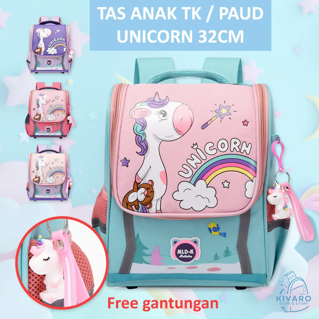 Tas Ransel Unicorn Anak Sekolah Ukuran 32-37cm Bonus Gantungan | 0308 Kivaro Motif Sd Fashion Kids
