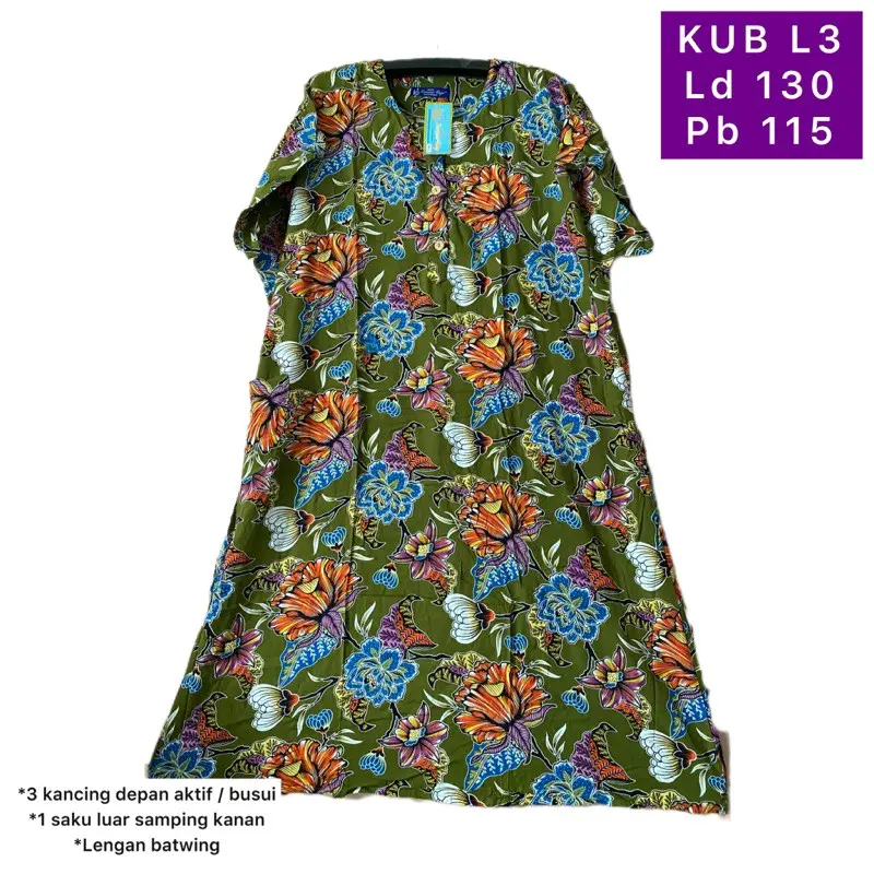 Daster Jumbo L3 Batik Kencana Ungu Original Label Biru Ld 130 Cm 3 Kancing Depan Aktif Busui Friendly Lengan Batwing / Baju Santai Piyama Tidur Wanita Dewasa Katun Rayon Premium Tebal Bisa Cod
