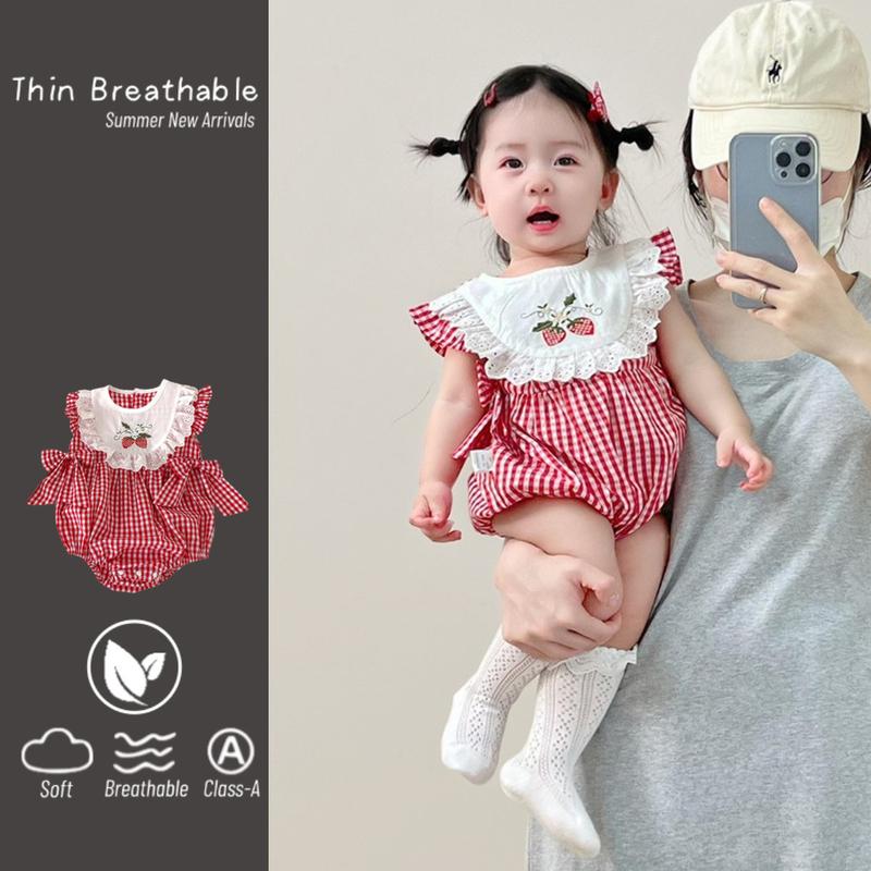 Quần Áo Mùa Hè Cho Em Bé Chất Lượng Cao Áo Liền Quần Không Tay Cho Bé Gái Thích Hợp Cho Trẻ Sơ Sinh 0-24 Tháng Được Làm Bằng Bông Loại A Mỏng Với Áo Liền Quần Tam Giác Kẻ Sọc Đỏ Phong Cách Công Chúa Ngọt Ngào