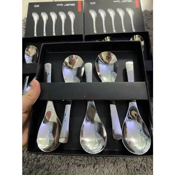Set 5 Thìa inox kháng khuẩn loại cán ngắn dày dặn, full hộp muỗng  để 5  muỗng 2