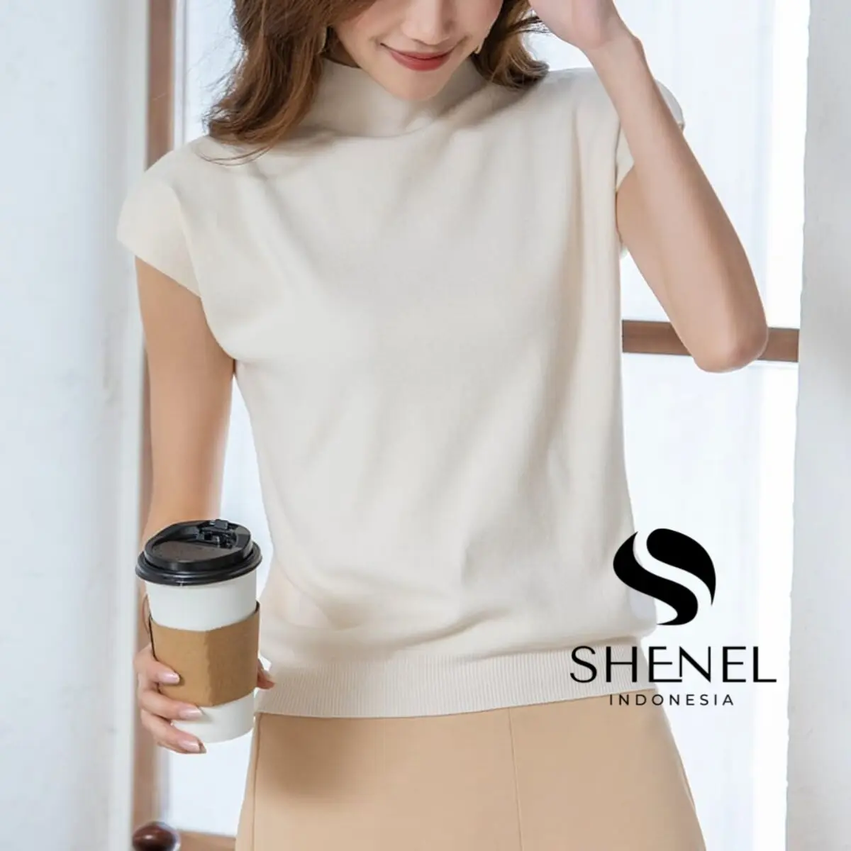 Shenel | Yoori Top Knit Turtleneck OutFit Baju Lengan Pendek Korean Style Polos Cardigan Knitwear Lembut Atasan Wanita Stretch Blouse Wanita Panjang Crop Sweater Basic Putih Outer Tebal