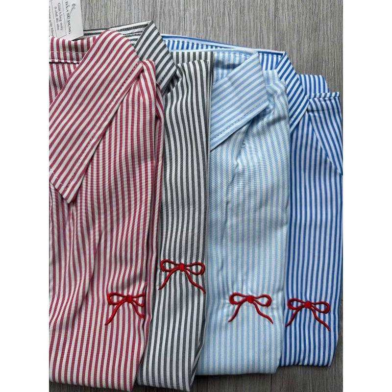 [ A18 ] Áo Sơ Mi Nữ Ngắn Tay Form Rộng Kẻ Sọc Thêu Nơ Phong Cách Hàn Quốc Qiho Women Top | BigBuy360 - bigbuy360.vn