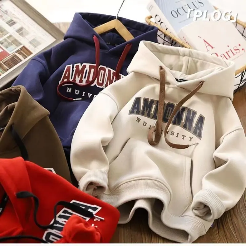 Autumn and winter new children's fleece sweater jacket with hat boys sweater loose casual top