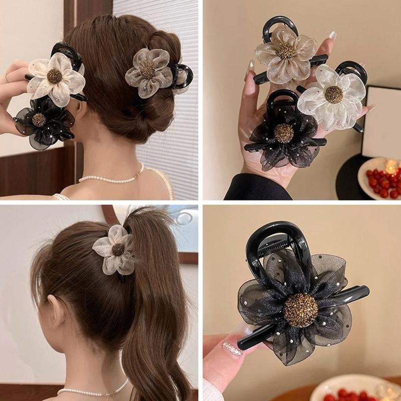 Càng Cua Tóc Hoa Kim Cương Giả Lưới, Dành Cho Nữ, Thời Trang Hàn Quốc, Phong Cách Càng Cua Hoa Hướng Dương Đen, X4X6 7