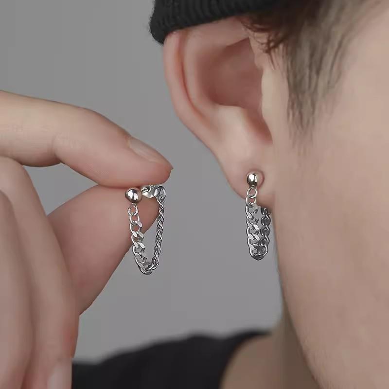 Khuyên Tai Đinh Tán Dây Chuyền Xích, Dành Cho Nam Giới, Thời Trang, Phụ Kiện Cá Tính, Hoa Tai Dáng Ngắn thả Phía Sau