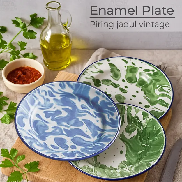 PROMO SPESIAL !! Piring Enamel Piring Jadul Vintage Motif Klasik Corak Loreng Biru Hijau 20cm Aesthetic Multifungsi