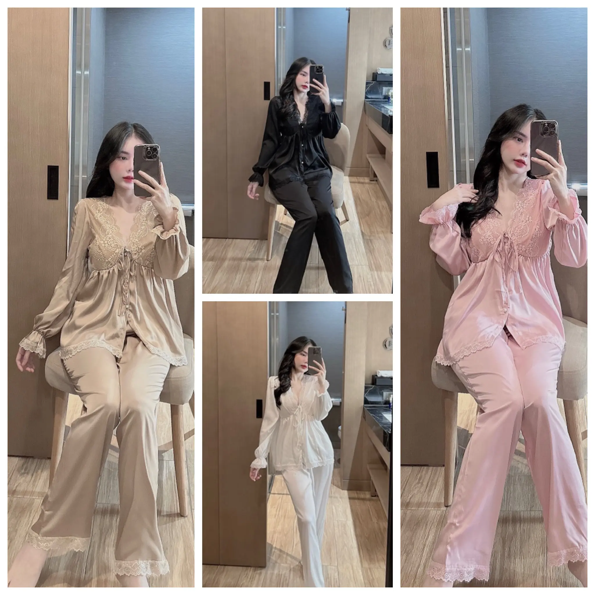 pijama lụa latin ( 40-60kg) Lụa Nữ Áo Ngủ Women Đen