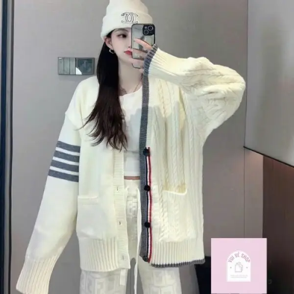 Áo Khoác Len Dệt Kim, Khoác Cardigan Áo Quốc Dân Cổ V Tay Dài Tay Sọc Dáng Rộng Thom Thời Trang Nữ | Vui Vẻ Shop Women Top Nhung