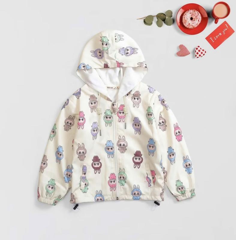 Áo khoác gió 2 lớp LABUBU có mũ trùm đầu cho bé Gái bé Trai Quần áo trẻ em Áo trẻ em Áo thời trang LABUBU Size 14-44Kg