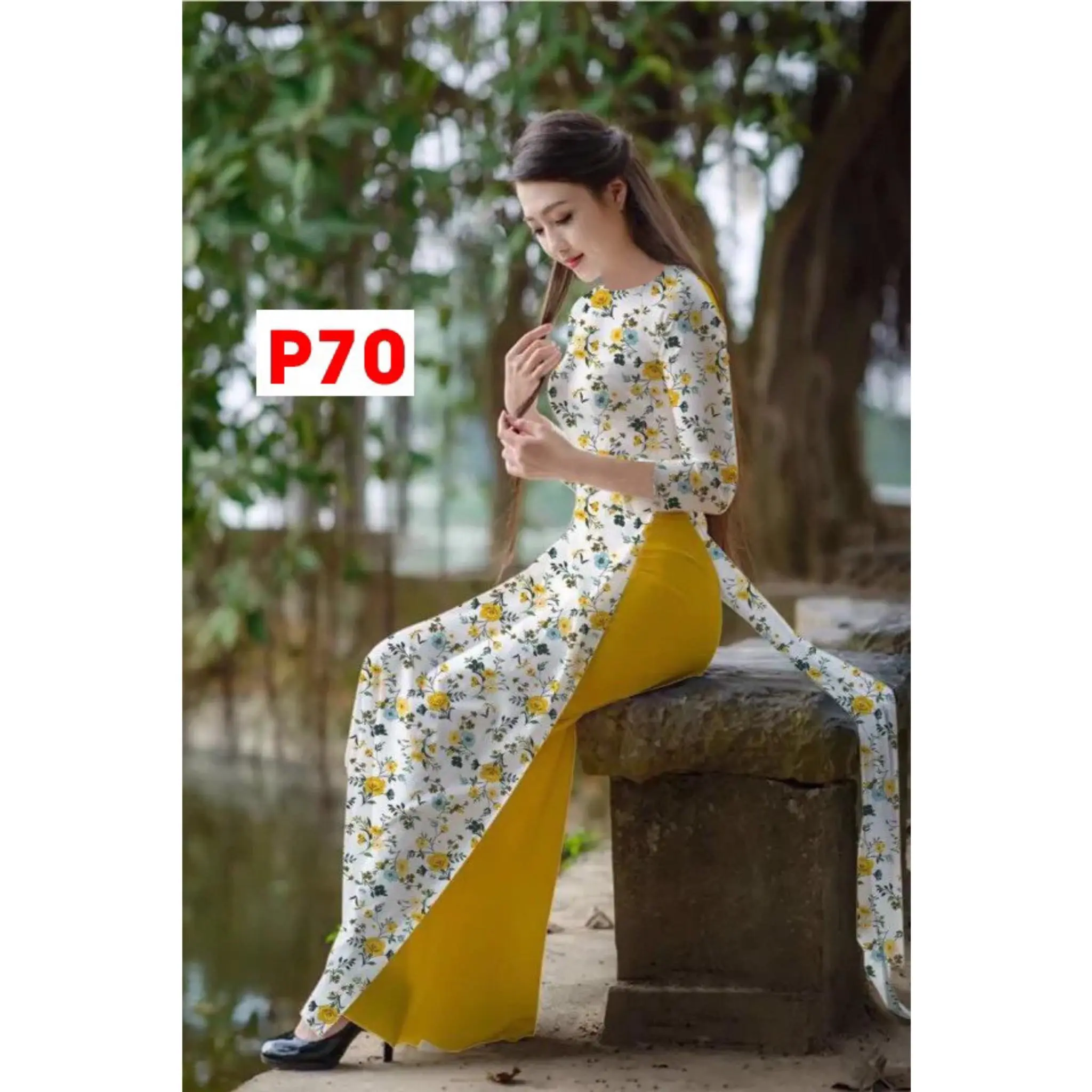 Áo dài hoa nhí vàng lụa Nhật in 8D _ Mã P70