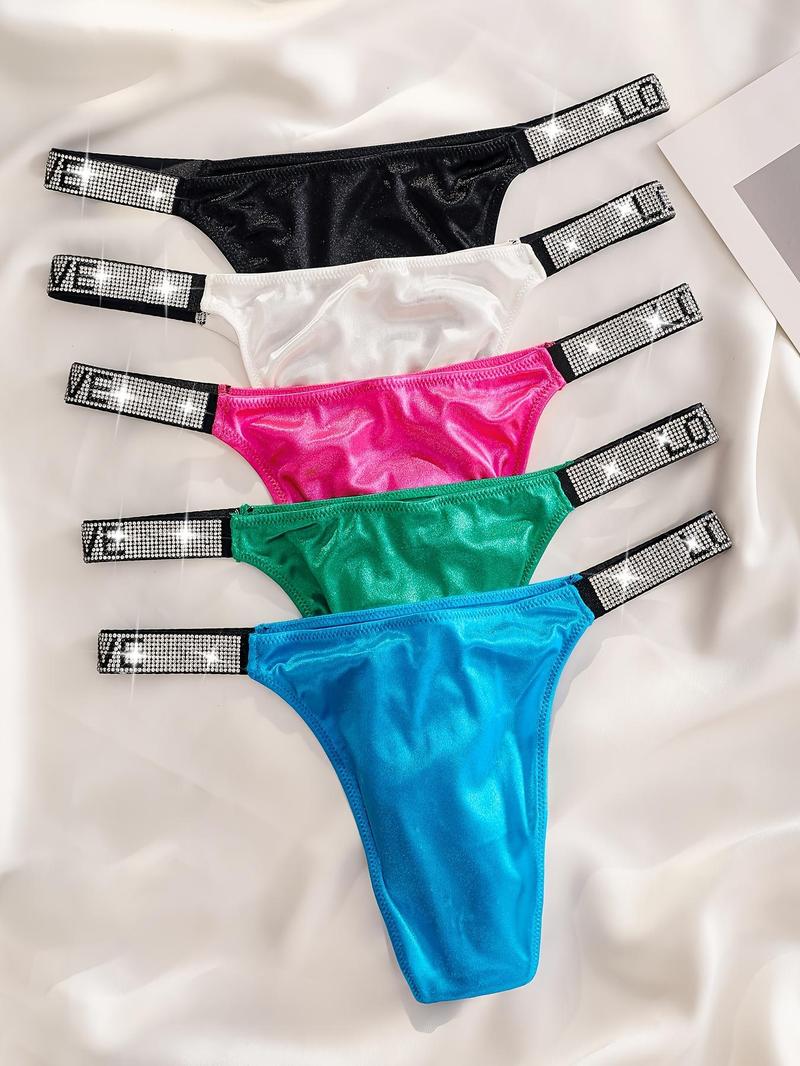 Product Introduction of Women's 5 Counts Sparkle Rhinestone Decor Drop Waist Knicker, Soft Comfy Breathable Panty for Daily Wear, Underwear for All Seasons 7