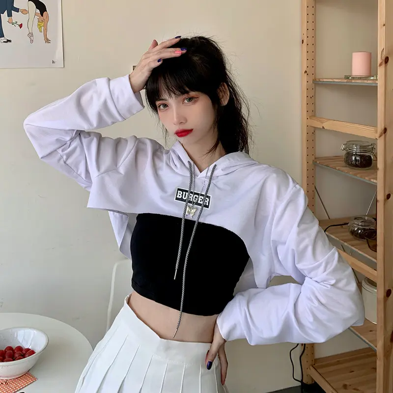 เสื้อกันหนาวมีฮู้ดบางและสั้นพิเศษ, 2022 คอลเลกชันใหม่ต้นฤดูใบไม้ร่วง, เอวสูงและสะดือสไตล์ฮิปฮอป, แขนยาว, เหมาะสำหรับนักเรียน, แฟชั่นสตรี, เสื้อ