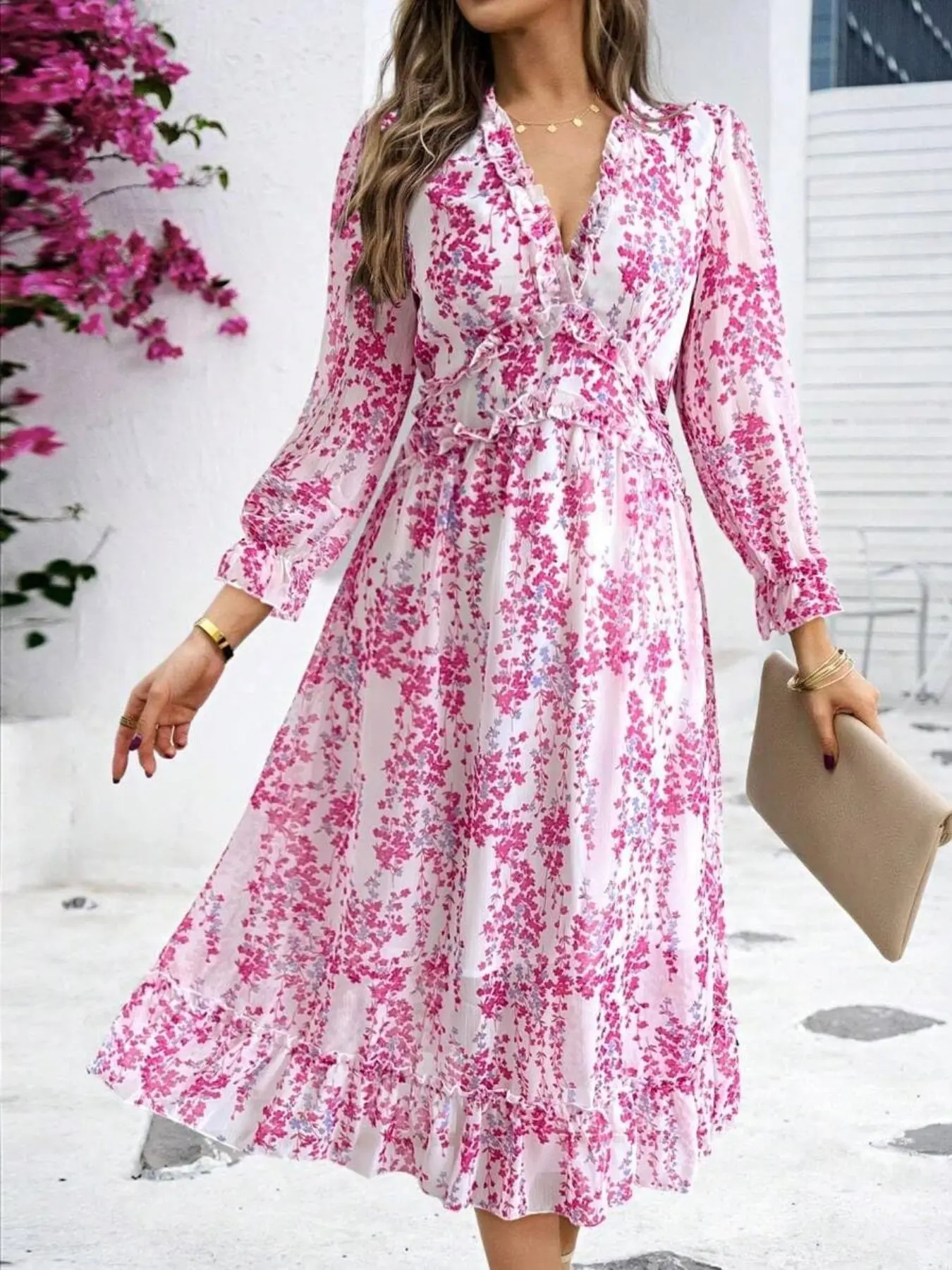 Women's Ditsy Floral Print Frill Trim Ruffle Hem Chiffon Dress, Boho Fashion V Neck Flounce Sleeve A Line Dress for Daily Holiday Vacation Wear, Women Dress for Fall & Winter