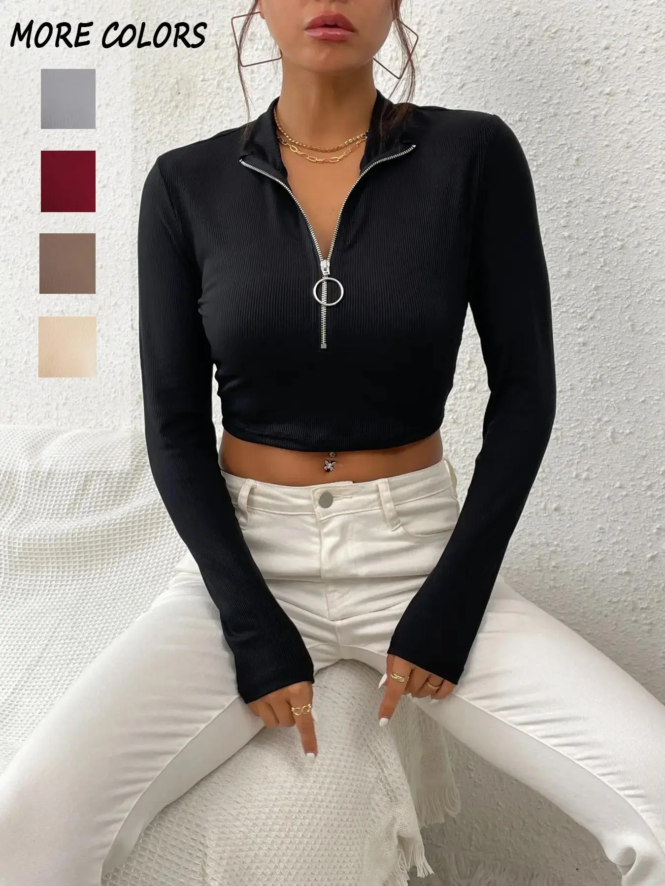 Women's Mock Neck Half Zip Short T-shirt for Summer, Womenswear, Summer Clothes, Lady Minimalist Comfort Casual Streetwear Ribbed Crop Top Slim-fit Tee