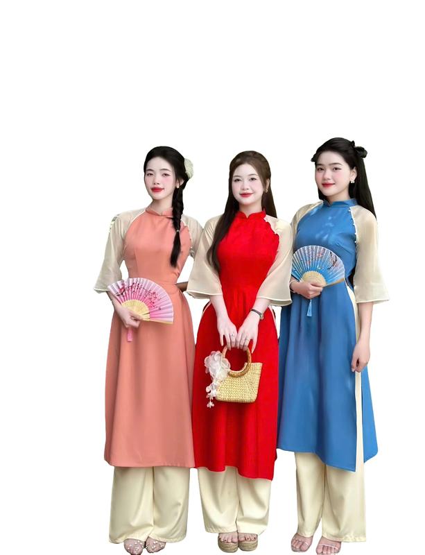   FREESHIP  D7- Áo Dài Cách Tân 2 tà Tay Loe Phối Tơ Đính Cườm Sang Trẻ Trung  kèm quần   Vải Lụa Hàn Mềm Mịn  đủ size 40kg-61kg Mijustore Nữ Women Kem Dress Tím 