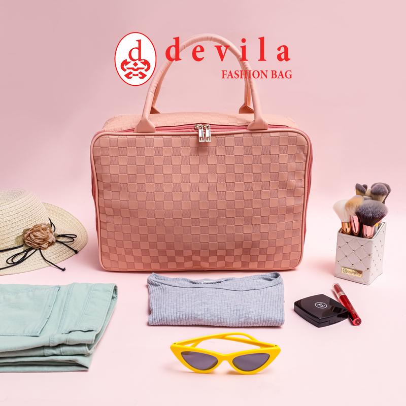 DEVILA LUXURY NUDE PINK BOXES WATERPROOF TRAVEL BAG MEDIUM SIZE - Tas Koper Motif Kotak Mewah Murah Perempuan Mudik 0
