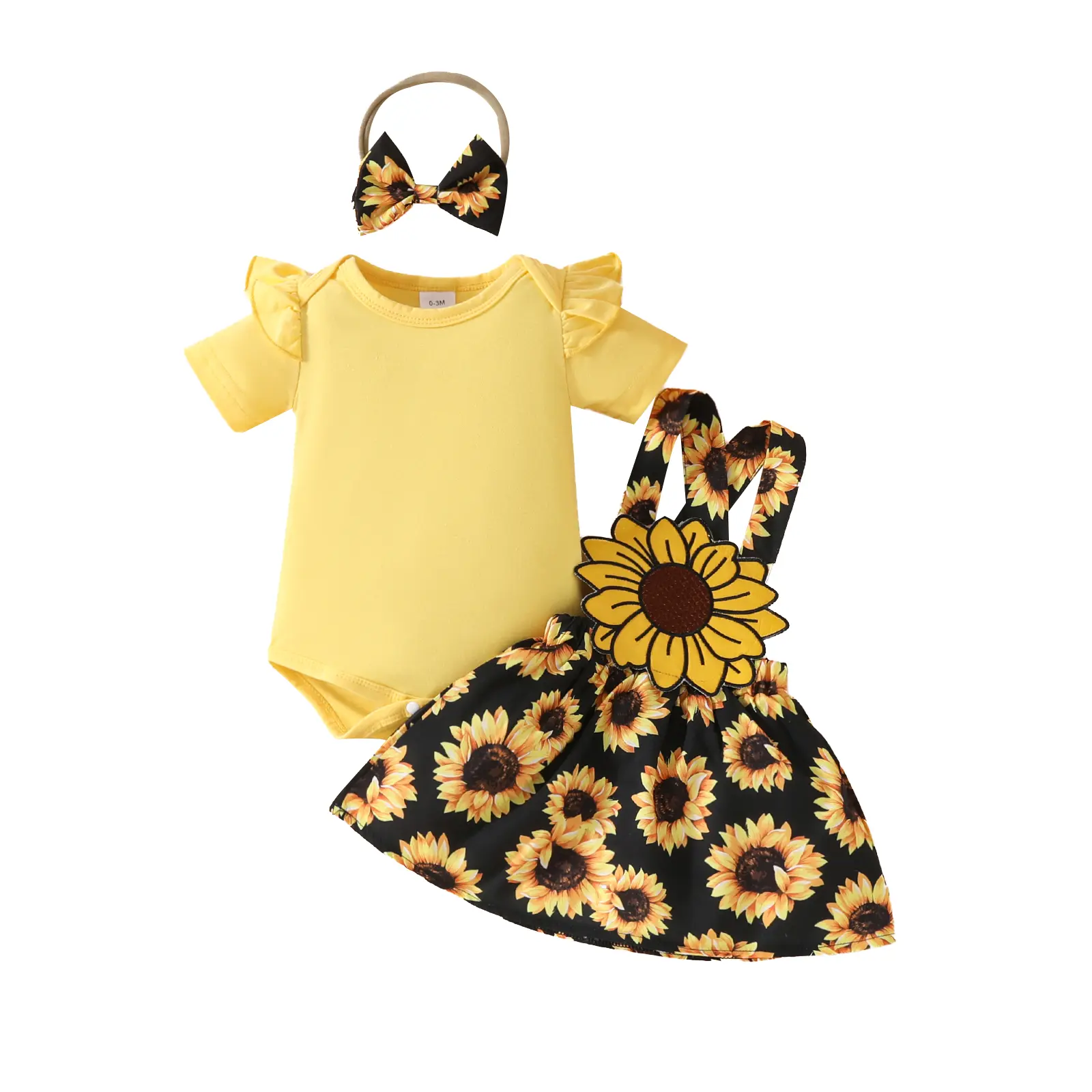 Baby Girls Spring Outfits Sweet Casual Short Sleeve Romper + Sunflower Suspender Skirt + Headband Set Newborn 3 Piece Clothes 0 3 6 9 12 18 Months