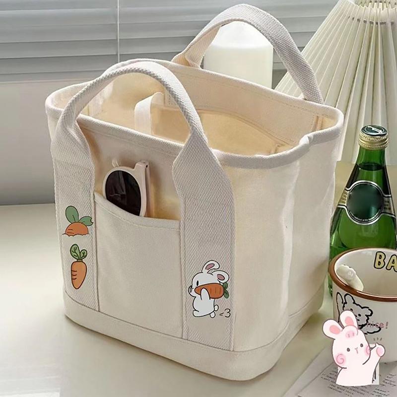 Product Introduction of 1PC Cartoon Rabbit Carrot Women Handbag Canvas Women's Tote Bag Portable Large Capacity Multi Pocket Lunch Bag 11