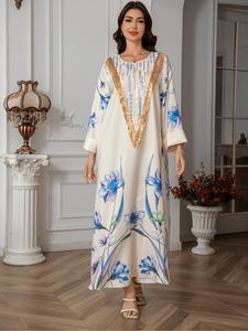 Women's Floral Print  Round Neck Long Dress, Elegant Modest Long Sleeve Dress for Daily Wear, Ladies Islamic Clothing for All Seasons