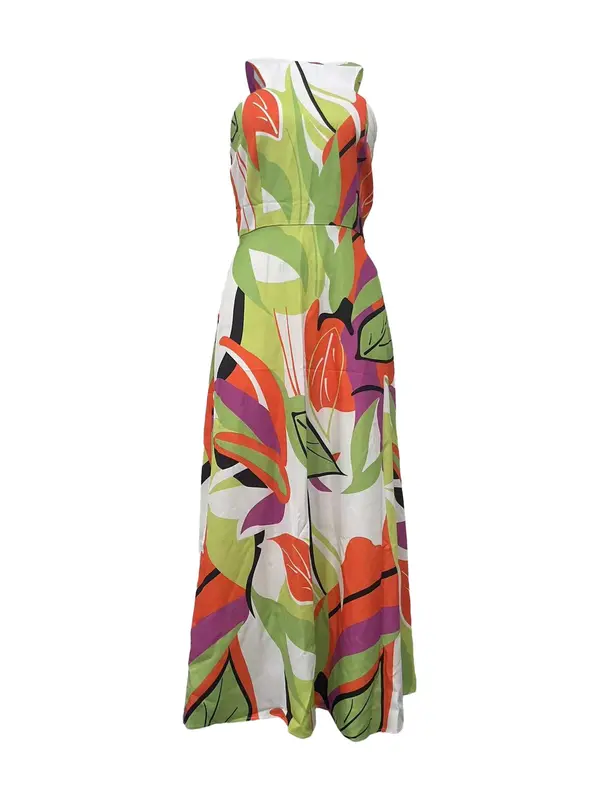 Women's Random Leaf Print Pocket Zipper Cami Dress, Casual Sleeveless Round Neck Long Dress for Beach Holiday Vacation, Ladies Clothes for All Seasons, Womenswear, Sun Dress 1