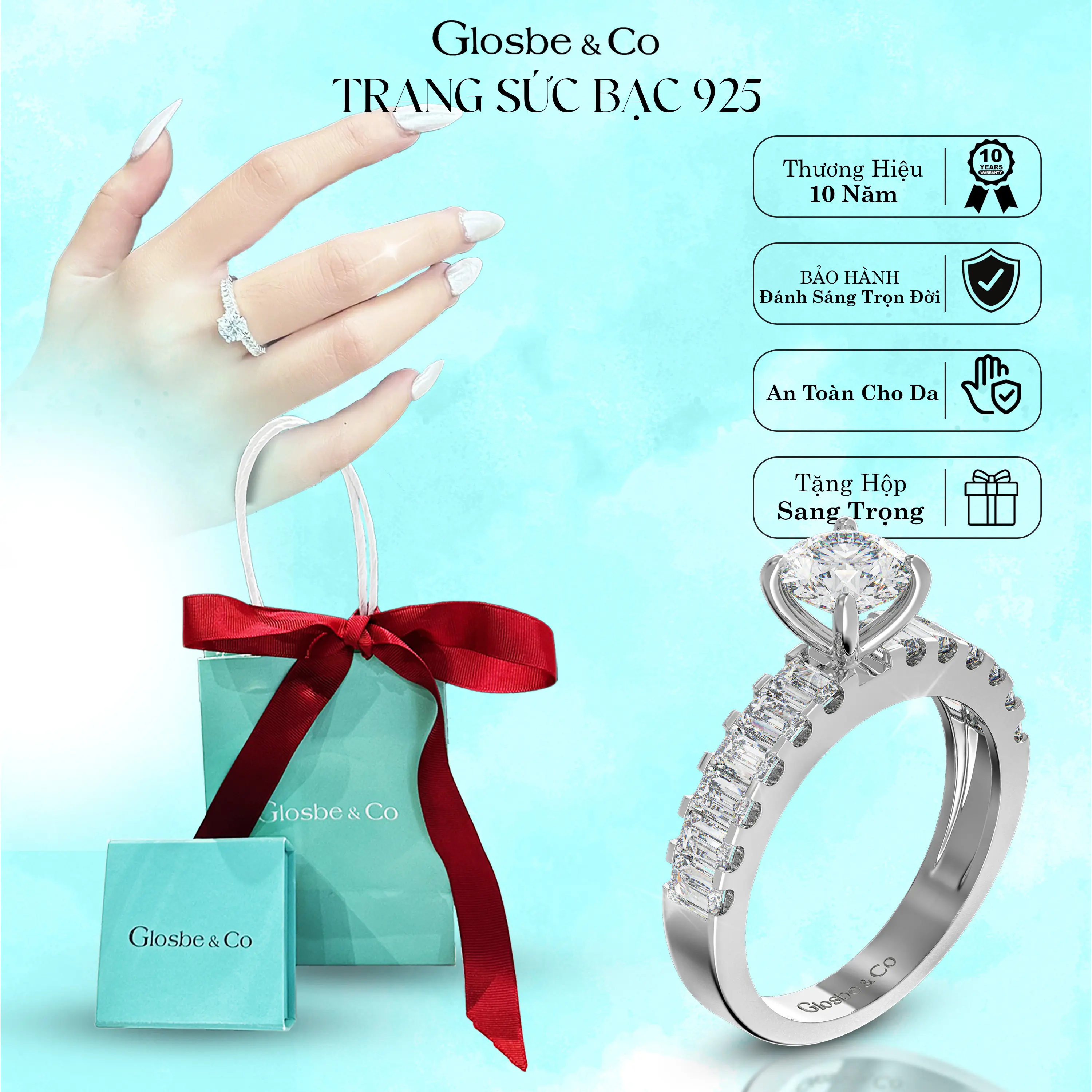 Nhẫn Kim Cương Bạc Nữ Nữ Hoàng 7ly, Nhẫn kèm hộp đựng quà tặng nhân dịp Valentine, 8/3,...