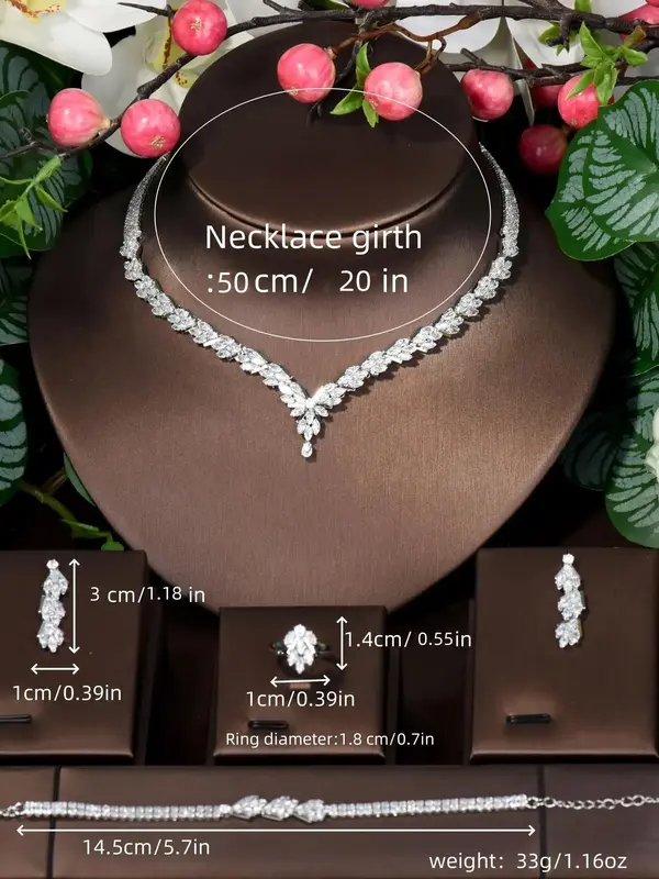 Women's Elegant Rhinestone Decor Jewelry Set, 5pcs/set Exquisite Trendy Chain Necklace & Earrings & Bracelet & Ring, Fashionable Luxury Jewelry Set for Party Decoration 1