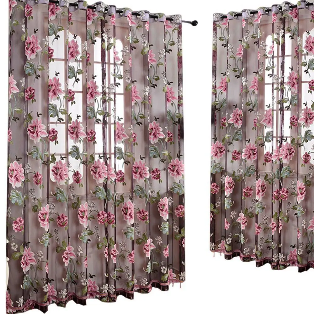 Door Blinds Window Peony Printed Transparent Tulle Curtain Room Divider Valance