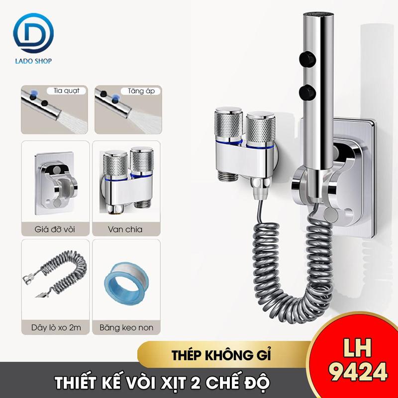  Bộ vòi xịt vệ sinh toilet cao cấp LH-9424 thép không rỉ lõi đồng + dây lò xo 2m giá đỡ dán tường van chia chữ H 