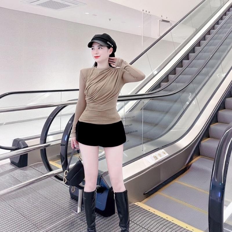  Áo thun giấy nhún vai cổ tròn giữ nhiệt tốt Nữ Top 