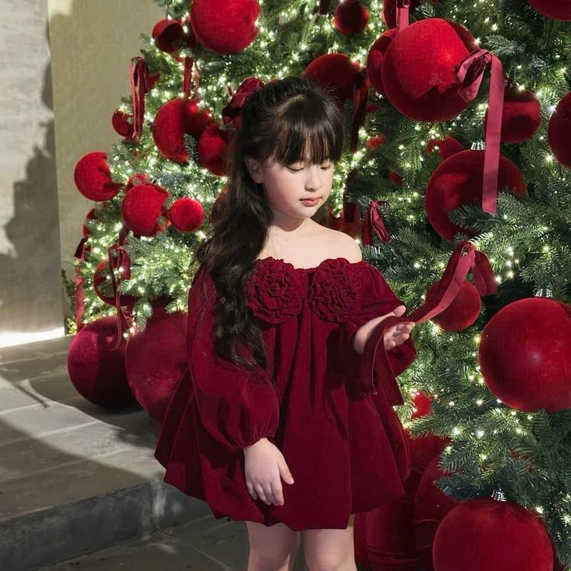 V018 - Váy trễ vai hoa đỏ bồng sang chảnh dành cho bé gái mặc Noel, Tết xinh (10-33 kg) KHÔNG TĂNG SIZE