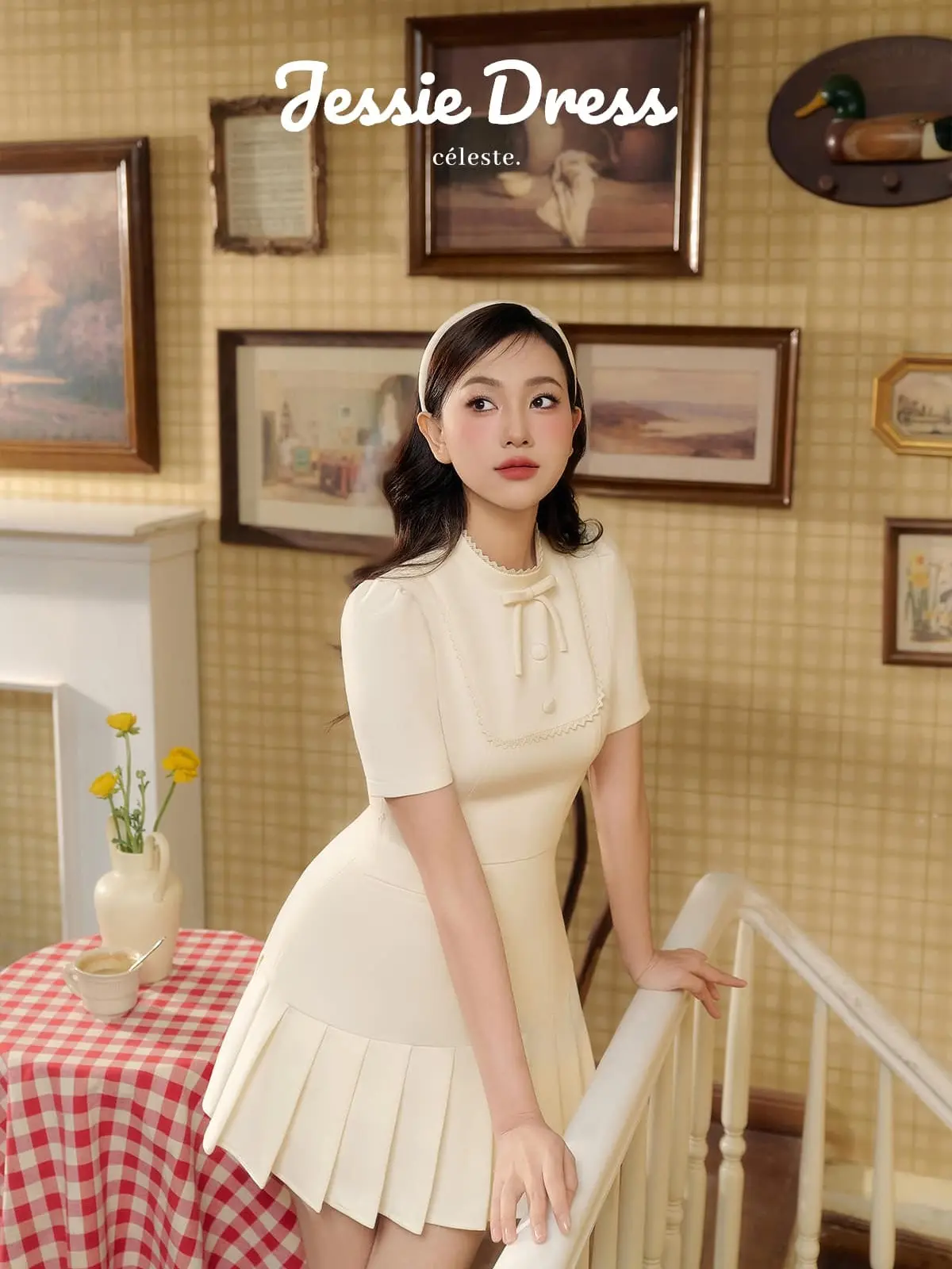 CÉLESTE - Váy Nữ Cổ Nơ Jessie Dress chất liệu vải be