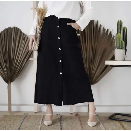 ROK JEANS BUTON ROK JEANS DENIM ROK KANCING Hitam Navy Putih Rawis Karet Nyaman